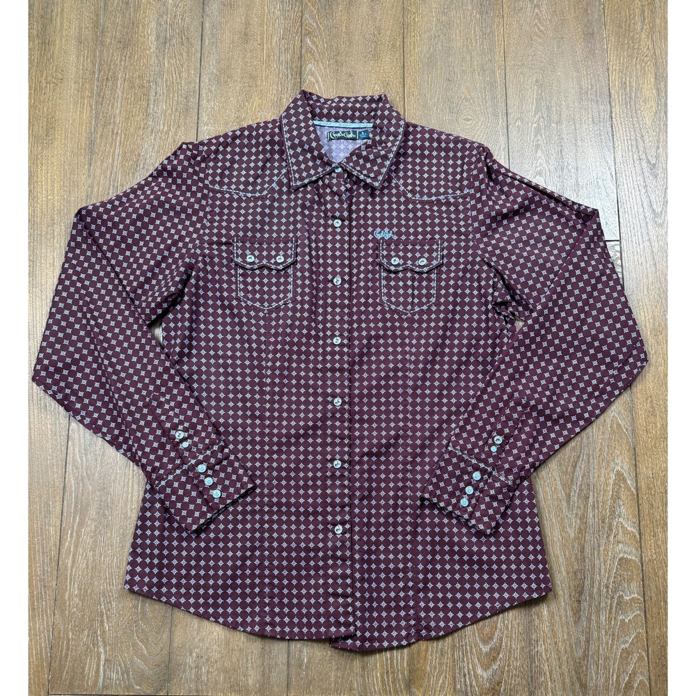 Cruel Girl Women's Western Button Front Shirt Burgundy Geo Print  Size L